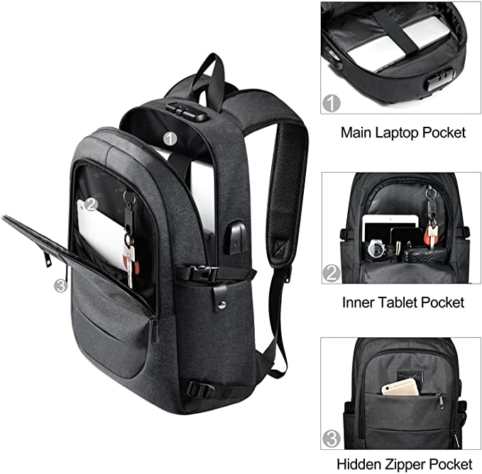 Laptop Backpack Men Water Resistant Anti-Theft School Uni Backpack with USB Charging Port and Lock 14/15.6 Inch Laptop Bag for Women Boys Leisure Work Travel Backpack Black