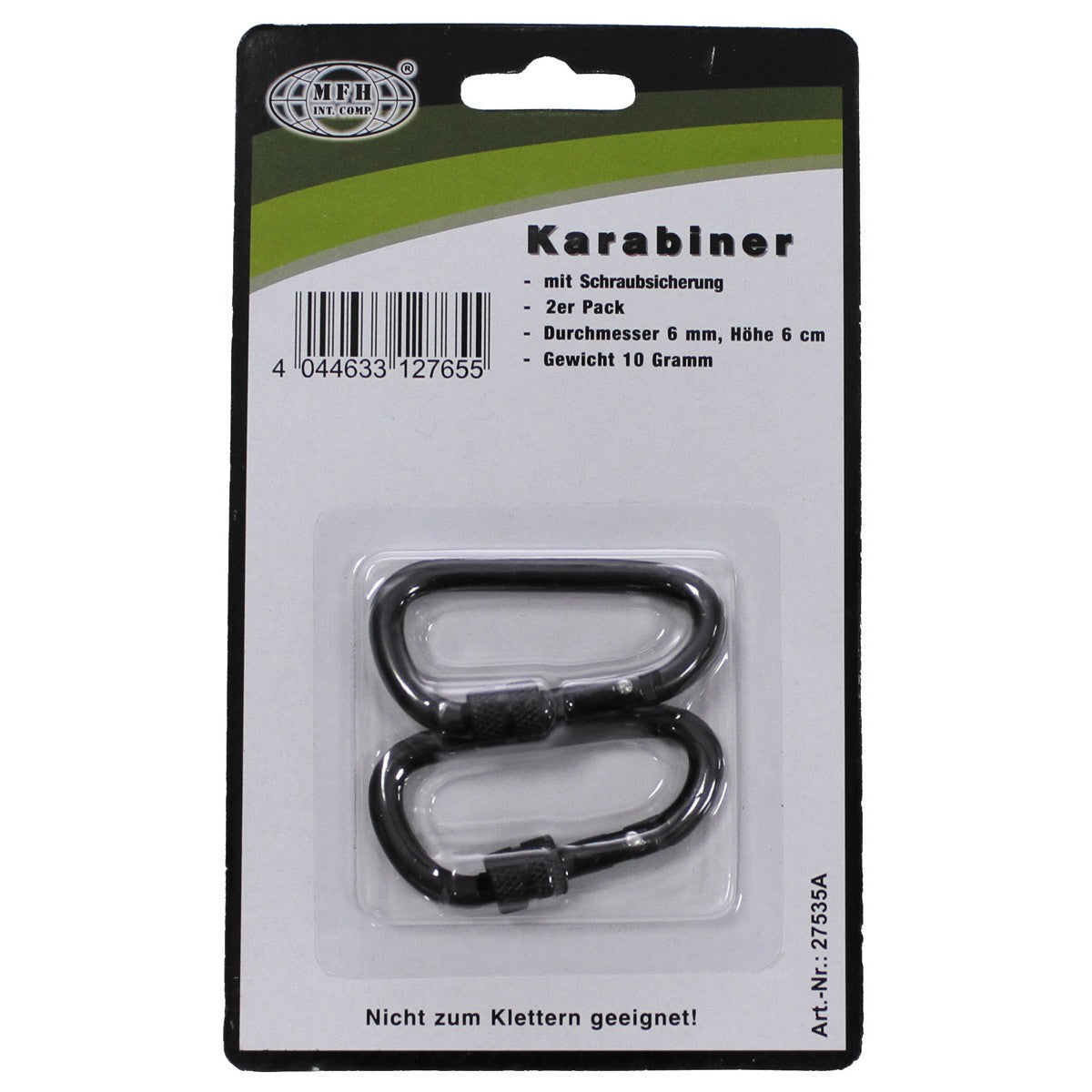 Carabiner, screw lock, D 6mm x 6cm, pack of 2, black