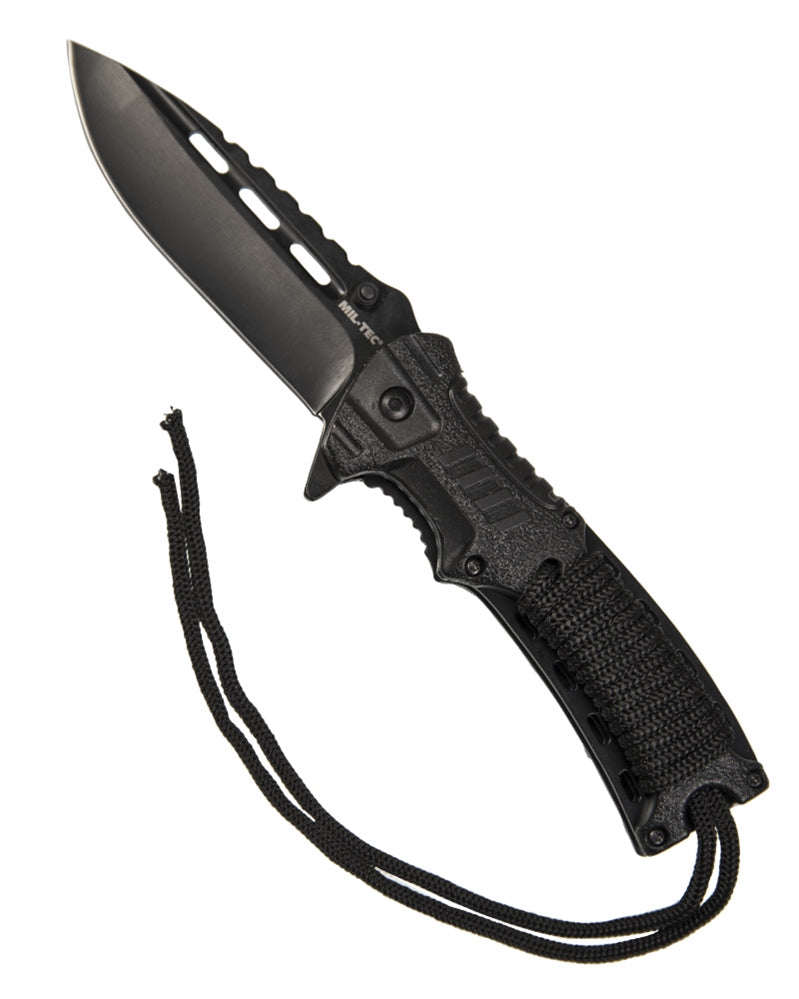 One-hand knife with fire starter and paracord black